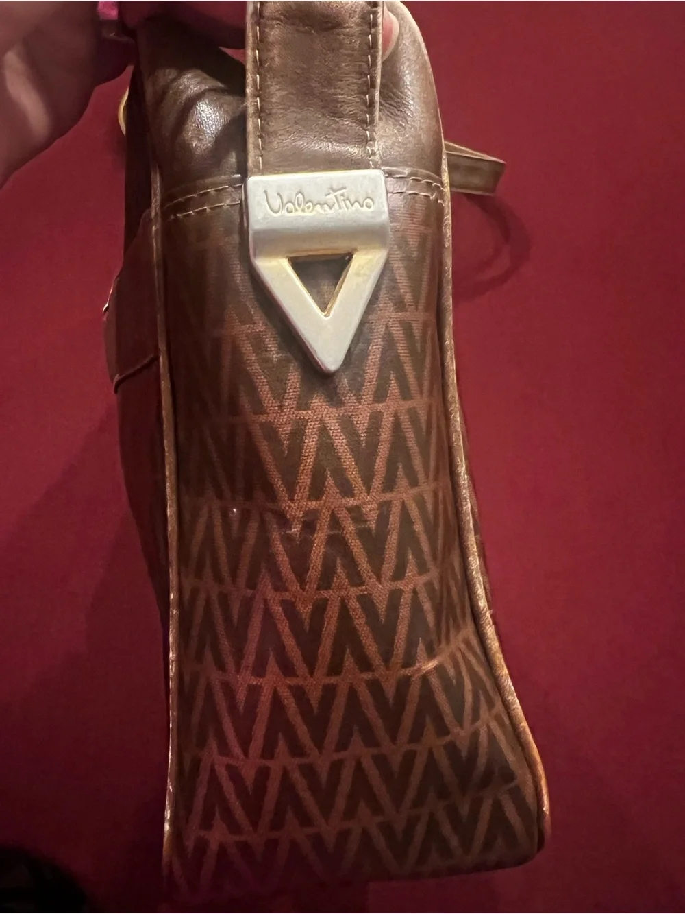 Vintage Mario Valentino Monogram Crossbody Bag Brown Leather Coated Canvas Vtg